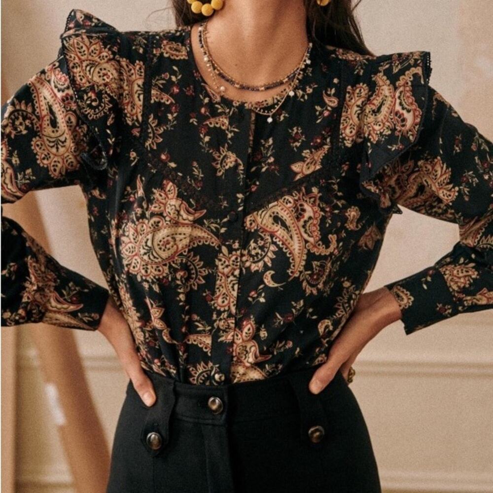 Sezane Meadow Floral Blouse Black Multi